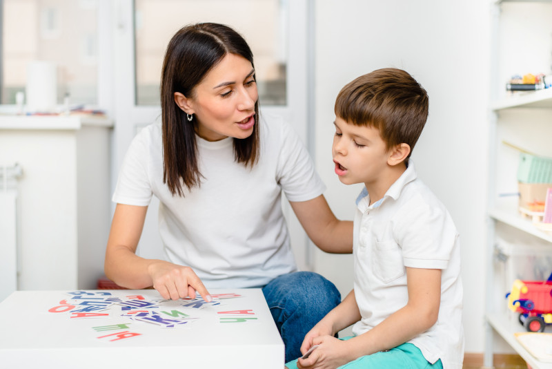 A Speech-Language pathologist working with a young male client in a private practice setting